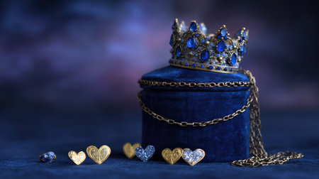 jewelry box with a crown and hearts on a blue backgroundの素材