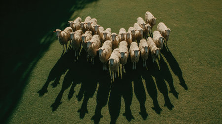 Sheep in a row on a green field with shadows from treesの素材