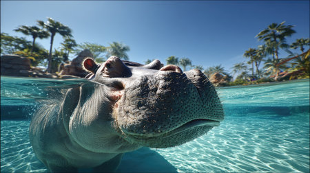Hippopotamus swimming in the pool with his mouth open.の素材
