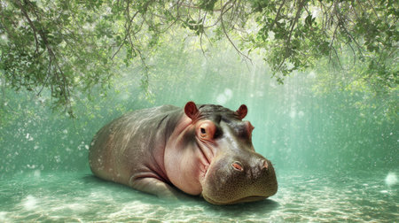 Hippopotamus in the jungle. 3d render illustration.の素材