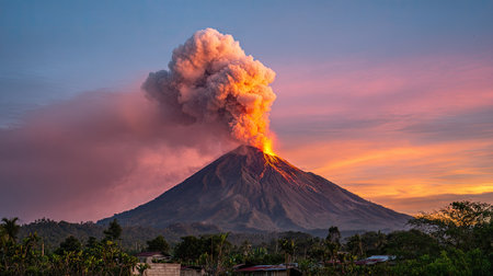 Volcanic eruption at sunrise in Bali, Indonesia. View from the hillside.の素材