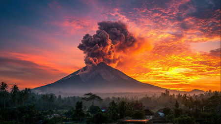 Volcanic eruption at sunrise, Bali, Indonesia. Volcanic eruption with smoke and ash.の素材