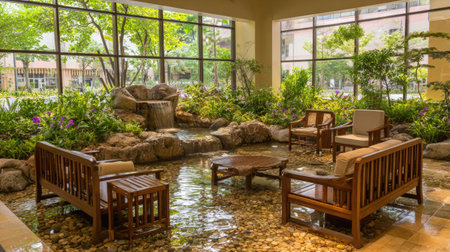 Interior of a garden with wooden chairs and tables in the gardenの素材