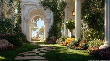 Luxury and beautiful garden with columns and flowers. 3d renderingの素材