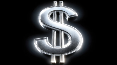Dollar symbol on a black background. 3D rendering. Neon lights.の素材