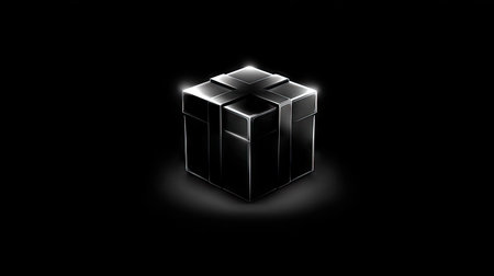 3D rendering of a silver gift box on a black background.の素材
