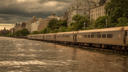 Train on the bank of the River Thames in London, UK.の素材