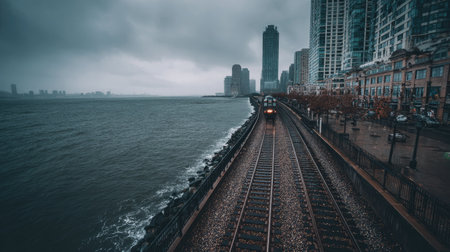Railroad tracks in a foggy day in Chicago, Illinois.の素材