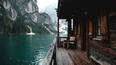 Wooden house on the lake in the Dolomites, Italyの素材