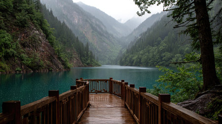 Wooden walkway to the lake in the mountains with a beautiful viewの素材