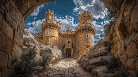 Panoramic view of the entrance to the medieval castle of Alcala de Henares, Spainの素材