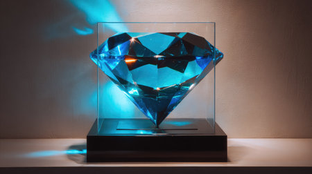 Blue diamond on display in a shop window. 3d rendering.の素材