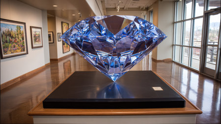 glass diamond on a shelf in a museum, closeup of photoの素材