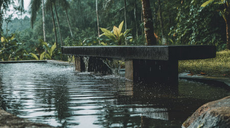 Wooden bench in the park with water drops on the floor.の素材