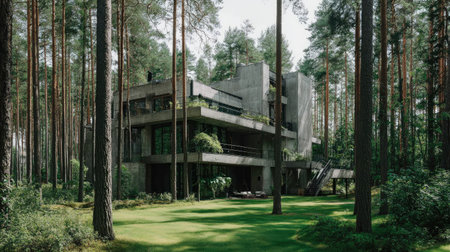Modern building in the forest with green grass and trees in the backgroundの素材