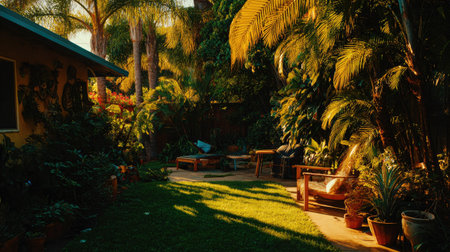 Beautiful tropical garden with palm trees and sunbeds at sunsetの素材