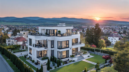Aerial view of luxury modern house and garden at sunset. Luxury house and garden in the evening.の素材