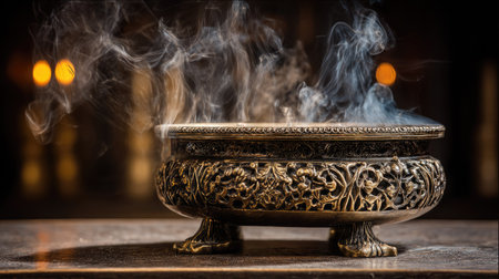 Burning incense in a candlestick on a dark backgroundの素材