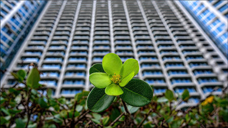Green plant in front of a modern skyscraper in Toronto, Canadaの素材