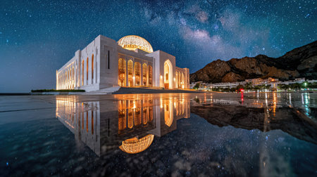 The National Museum of the Maldives at night with reflection in the water..の素材