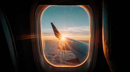 View from the airplane window at the clouds and the sun through the portholeの素材