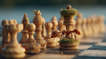 Ants and wooden chess pieces on a chessboard. Selective focus.の素材