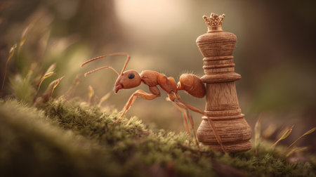 Ant with chess piece in forest. Conceptual image of teamwork.の素材