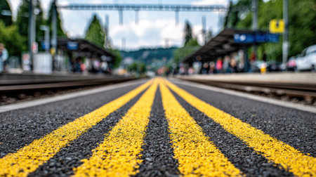 Railway line with yellow traffic lines in the city, blurred backgroundの素材