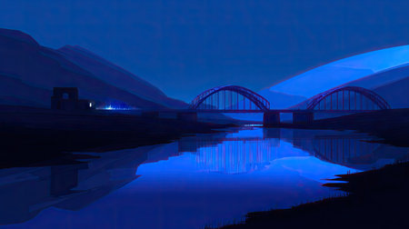 Illustration of the bridge over the river at night with a reflection in the waterの素材