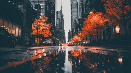 Reflection of buildings in a puddle in Chicago, Illinois.の素材