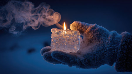 Hand holding a burning candle with smoke on a dark blue background.の素材