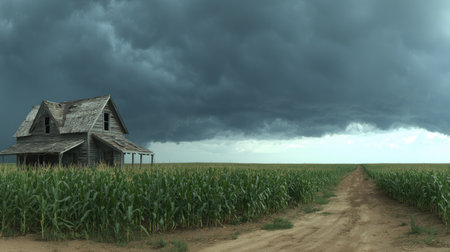 Stormy sky over corn field. 3D rendered Illustration.の素材
