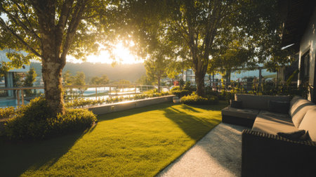 Luxury hotel swimming pool with green grass lawn in sunset lightの素材
