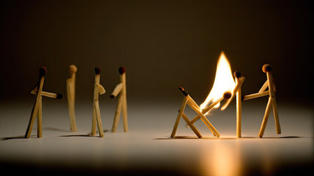 Group of miniature people with burning matchstick standing in a row.の素材