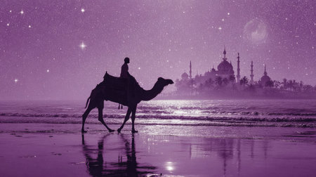 Camel walking on the beach. Silhouette of a camel in front of the mosque.の素材