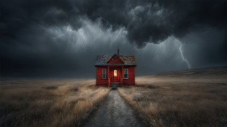 Abandoned red house in a field at night with lightning.の素材