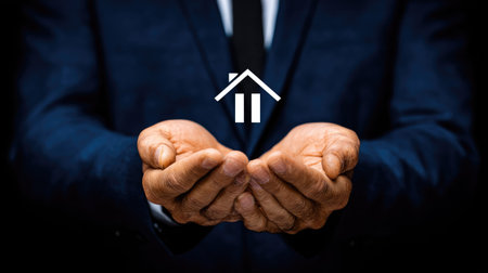 Closeup of businessman hands holding house icon. Property insurance and security conceptの素材