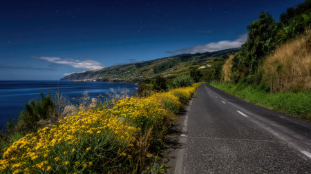 Road to the sea with yellow wildflowers in the foreground.の素材