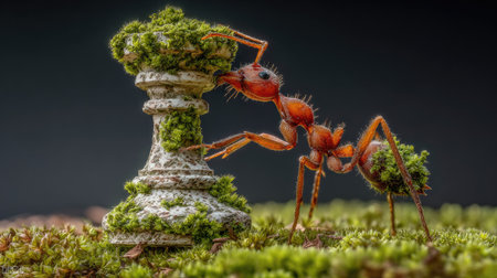 Ants on the green moss with a chess piece in the backgroundの素材