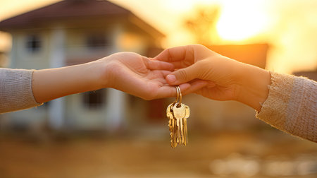 Close up of mother and child hands holding keys in front of houseの素材