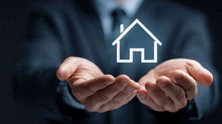Close up of businessman hands holding house icon in palm. Real estate conceptの素材