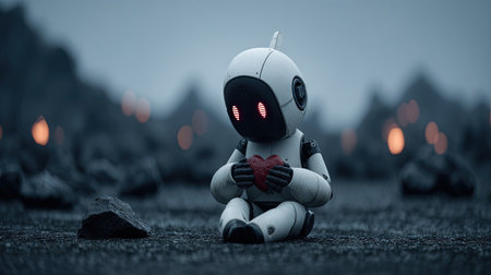 Robot holding a red heart on the ground. 3d rendering.の素材