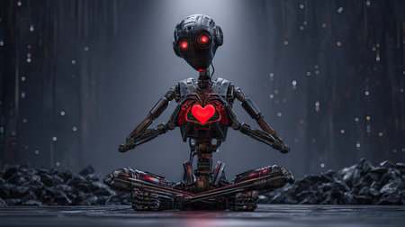 3D rendering of a female robot with red heart in her handsの素材