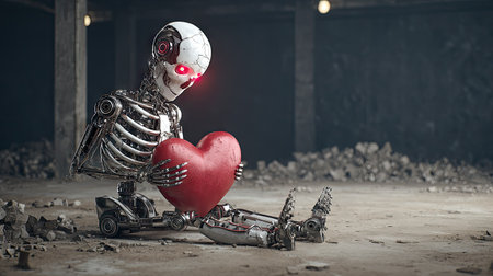 Humanoid robot holding a red heart in his hands. Mixed mediaの素材