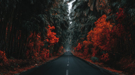 Road in the autumn forest. Autumn landscape with road and trees.の素材