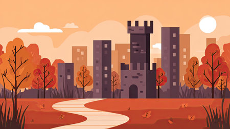 Autumn cityscape. Vector illustration in flat style. Cityscape background.の素材