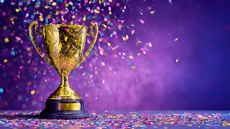 Trophy cup and confetti on a purple background with copy spaceの素材