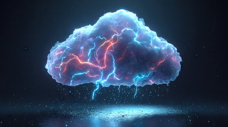 3D render of a cloud with lightning in the dark space.の素材