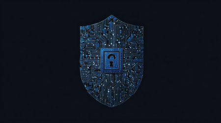 Cyber security concept. Shield with padlock on circuit board backgroundの素材