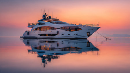 Yacht in the sea at sunset with reflection on the water.の素材